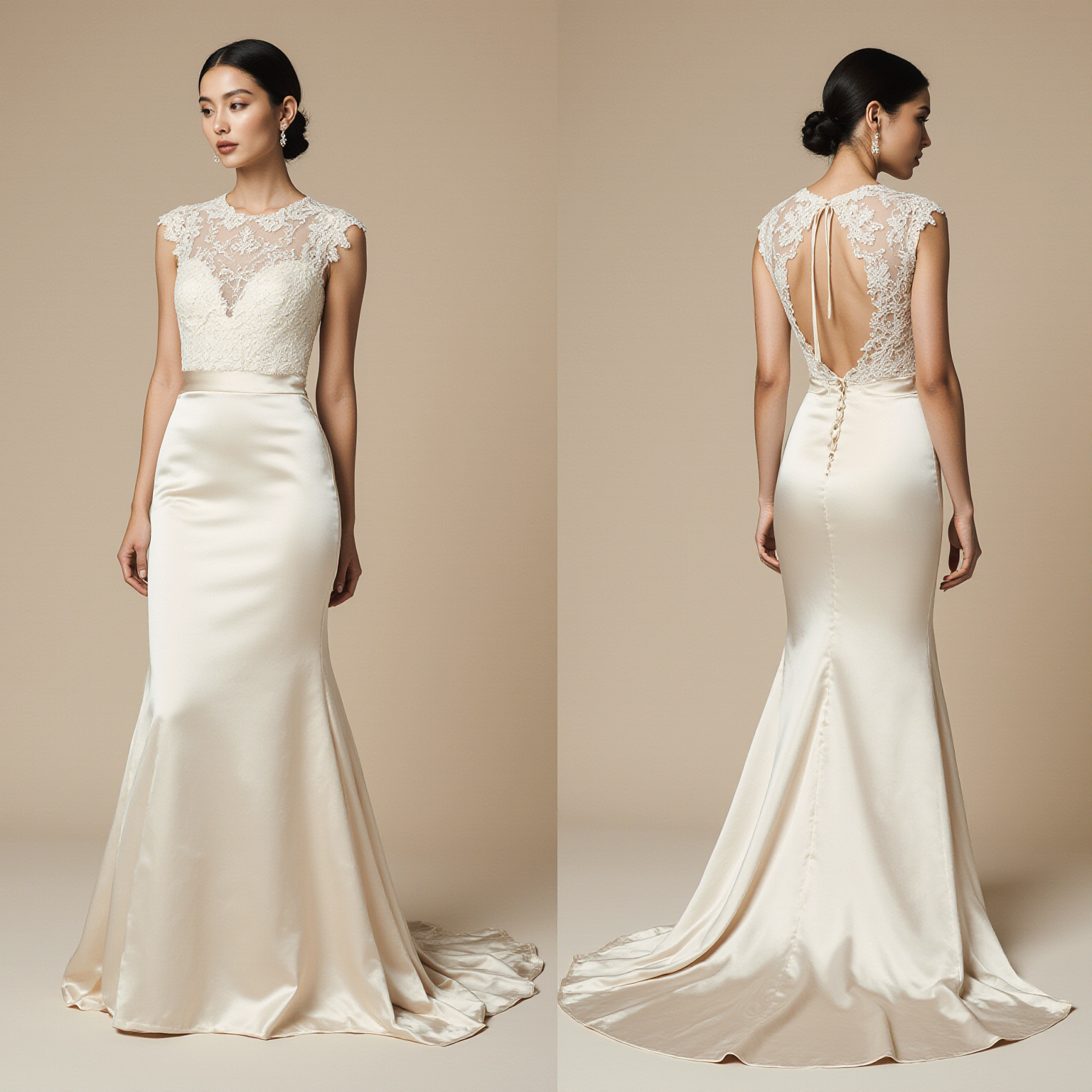 A-Line Satin Wedding Dress with Lace Bodice and Open Back – Elegant Ivory Bridal Gown for Modern Brides | Maison Bridal