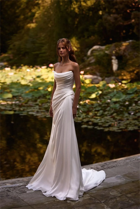 Off-Shoulder Draped Satin Wedding Dress – Elegant Mermaid Gown with Gloves & Train | Maison Bridal