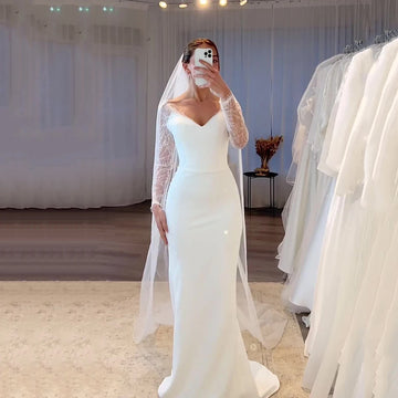 Civil Wedding Dresses For Women 2025  Customized V Neck Lace Long Sleeves Mermaid Bridal Gown Simple Wedding Party Dress