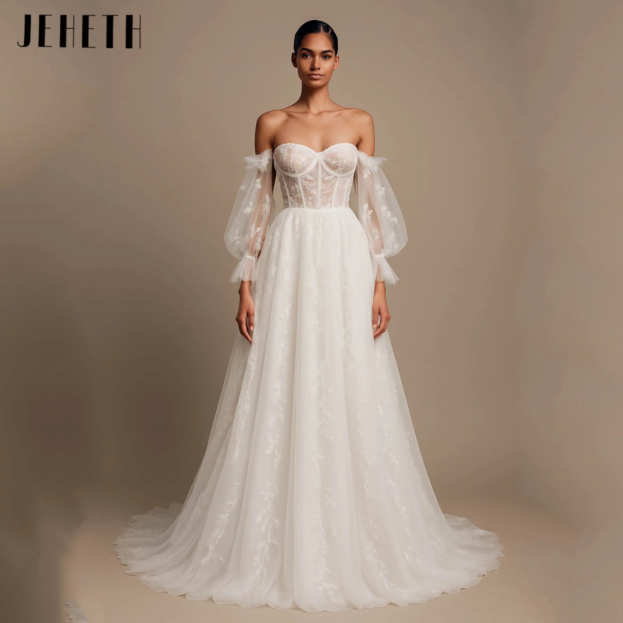 JEHETH A-line Sweetheart Bride Dress Romantic Off Shoulder Tulle Wedding Gown Backless Lace Elegant vestidos de novia Customized