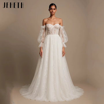 JEHETH A-line Sweetheart Bride Dress Romantic Off Shoulder Tulle Wedding Gown Backless Lace Elegant vestidos de novia Customized
