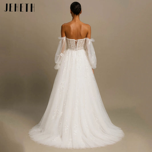 JEHETH A-line Sweetheart Bride Dress Romantic Off Shoulder Tulle Wedding Gown Backless Lace Elegant vestidos de novia Customized