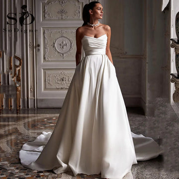 SoDigne Church Simple A Line Wedding Gown For Women Sweetheart Pleats Customized Wedding Dress Long Reception Party Bride Dress