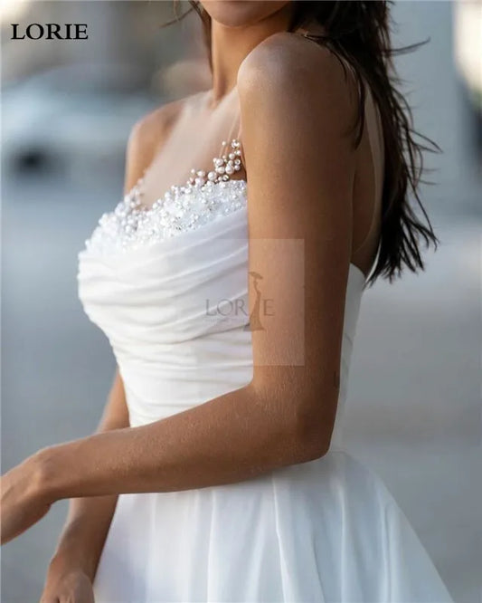 LORIE Sleeveless Pearls Wedding Dress A Line Elegant Lace Bride Dresses Withe Ivory Women Bridal Wedding Gowns 2024