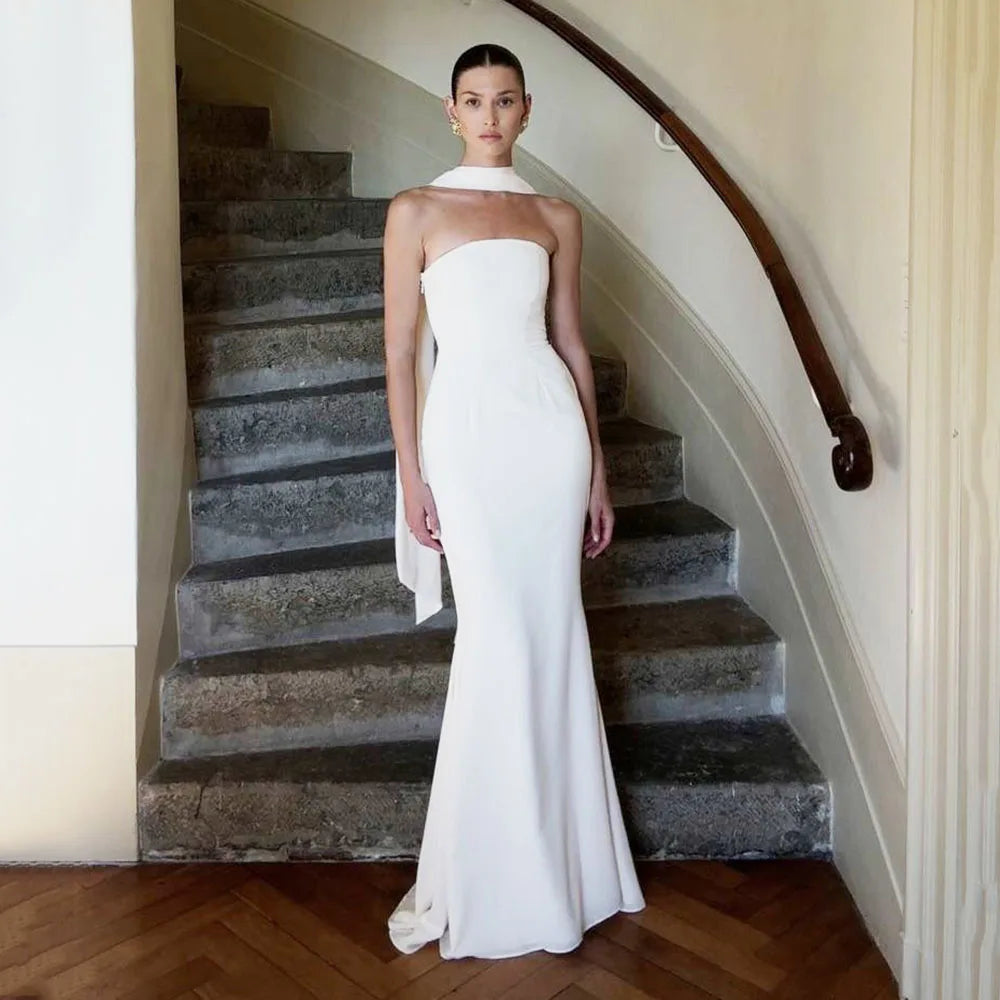 Customized Modern Wedding Dress 2025 Elegant Crepe Sleeveless A-line Brides Wedding Reception Gown Long Ribbon Back Bridal Dress