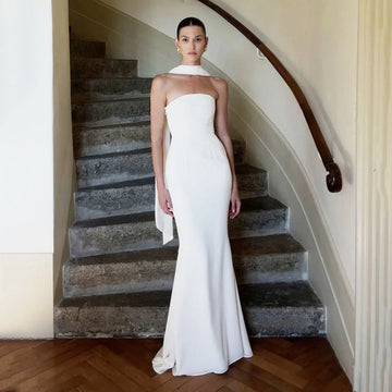 Customized Modern Wedding Dress 2025 Elegant Crepe Sleeveless A-line Brides Wedding Reception Gown Long Ribbon Back Bridal Dress