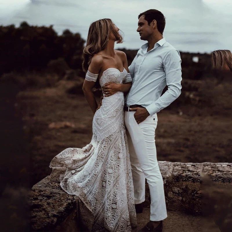 Boho Lace Off-Shoulder Wedding Dress – Romantic Mermaid Bridal Gown for Beach & Outdoor Weddings | Maison Bridal