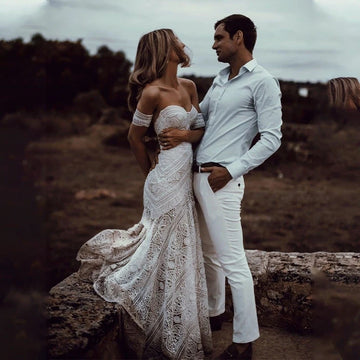 Boho Lace Off-Shoulder Wedding Dress – Romantic Mermaid Bridal Gown for Beach & Outdoor Weddings | Maison Bridal