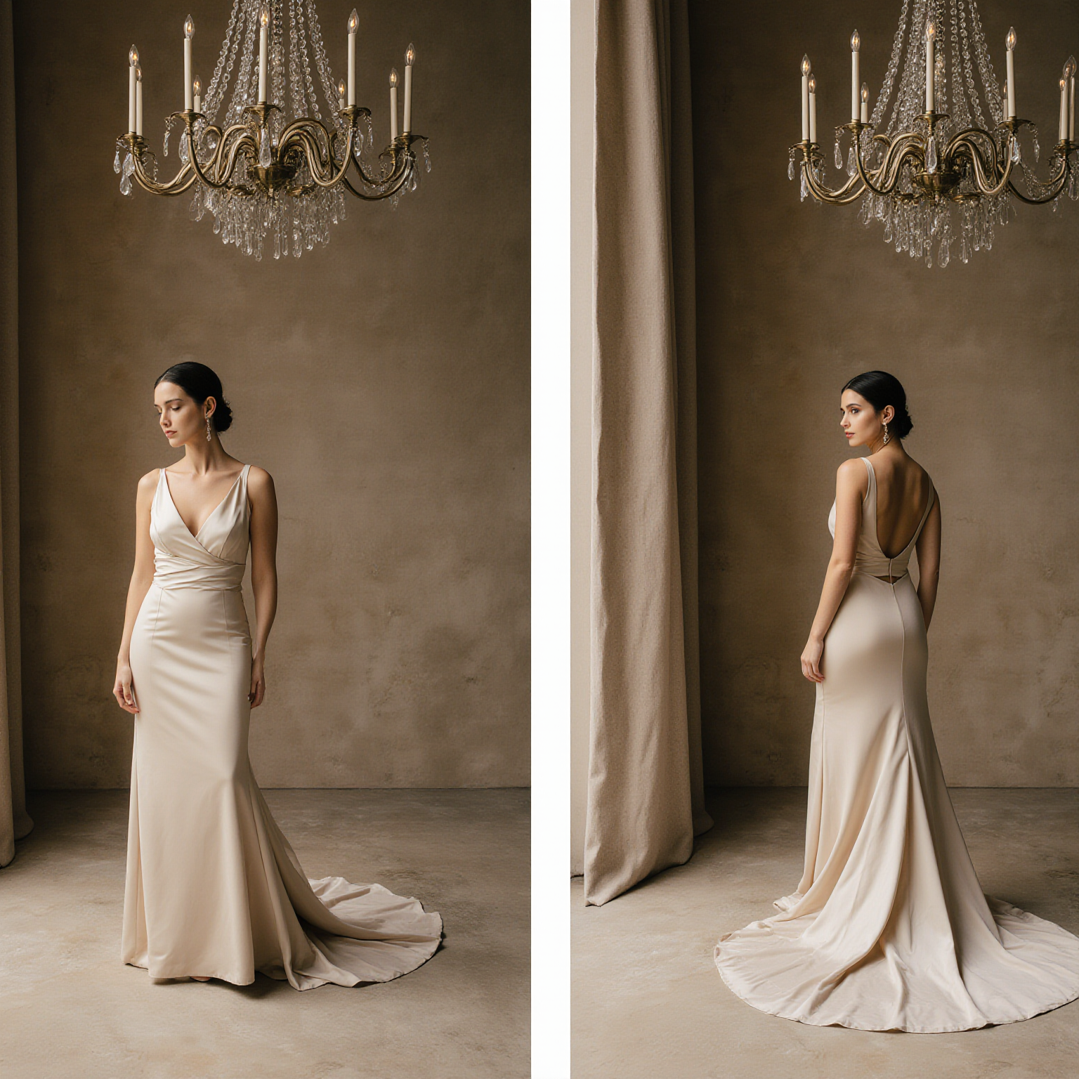 Champagne Satin A-Line Wedding Dress with Deep V Neckline and Open Back – Elegant Minimalist Bridal Gown | Maison Bridal