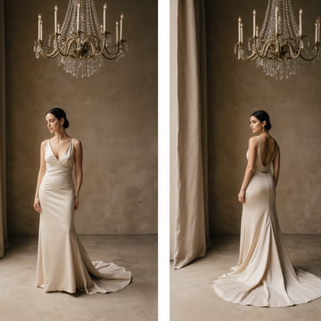Champagne Satin A-Line Wedding Dress with Deep V Neckline and Open Back – Elegant Minimalist Bridal Gown | Maison Bridal