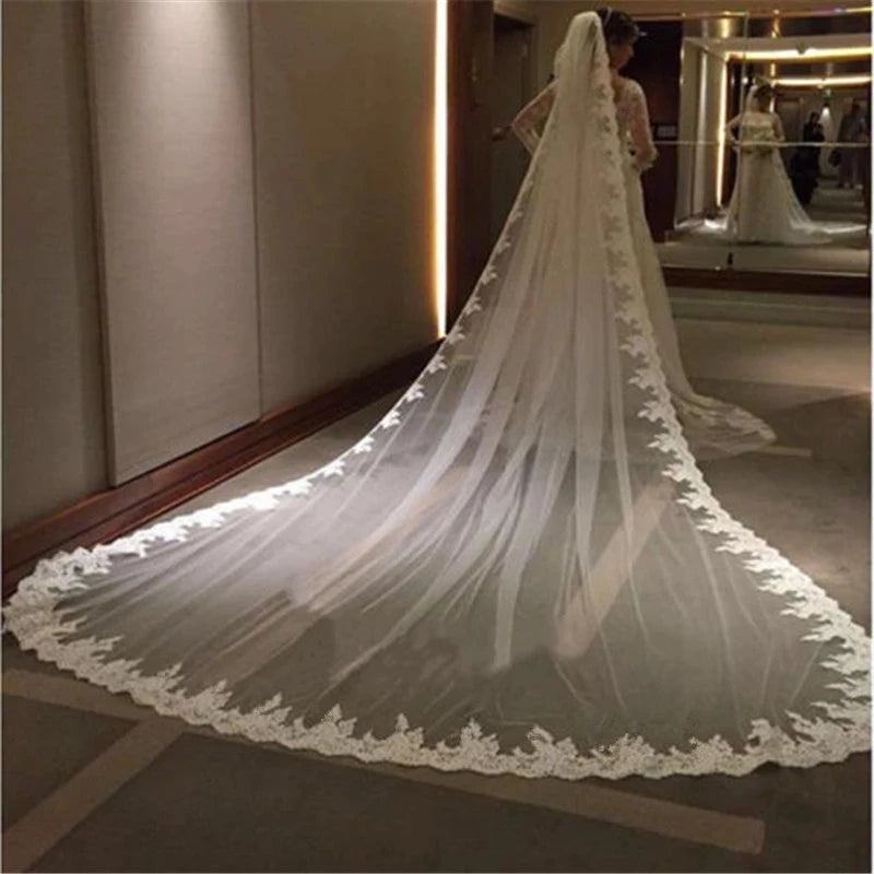 White Ivory 4 Meters Long Full Edge Lace Wedding Veil One Layer Tulle Bridal Veil with Comb Wedding Accessories Veu De Noiva 4.9
