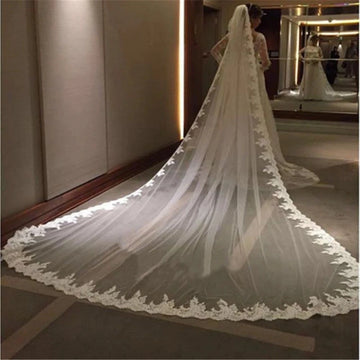White Ivory 4 Meters Long Full Edge Lace Wedding Veil One Layer Tulle Bridal Veil with Comb Wedding Accessories Veu De Noiva 4.9