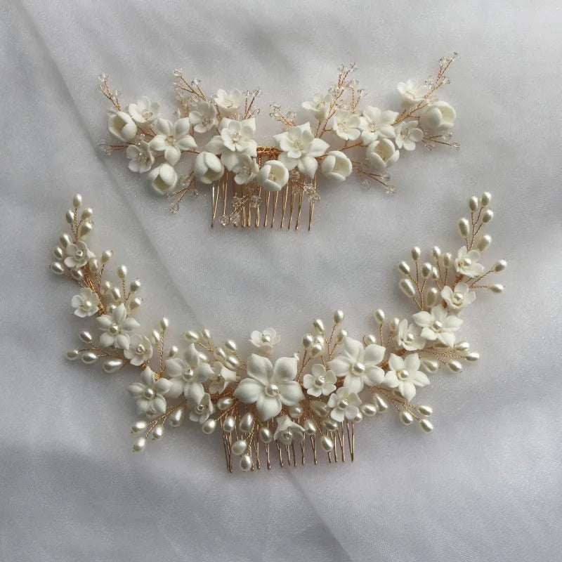 White Ceramic Flower Hair Comb Bridal Crown Pearls Jewelry Handmade Wedding Headpiece Fashion Women Hairpiece