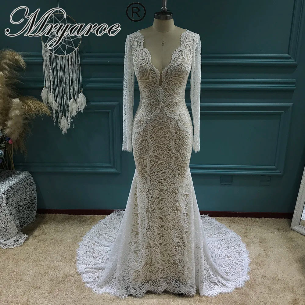 Mryarce 2022 New Stretch Lace Long Sleeves Mermaid Wedding Dress Flexible Boho Bridal Gowns
