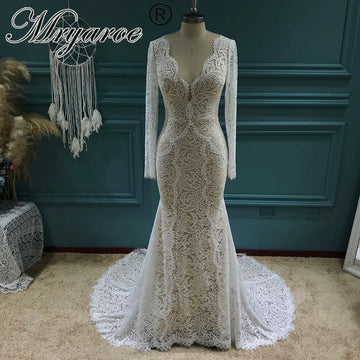 Mryarce 2022 New Stretch Lace Long Sleeves Mermaid Wedding Dress Flexible Boho Bridal Gowns