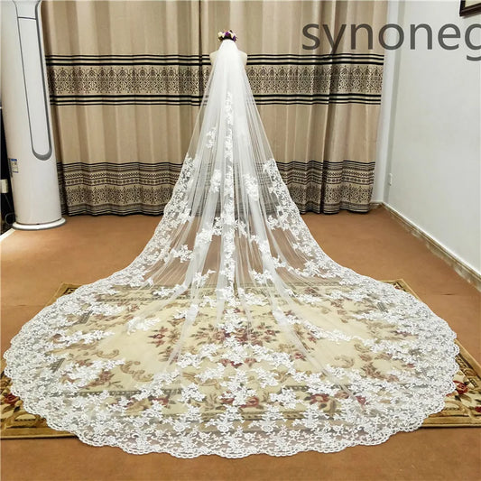 Cathedral Length Bridal Veil 1 Layer Wide Lace Veil with Metal Comb New Pattern for Wedding Real Photo