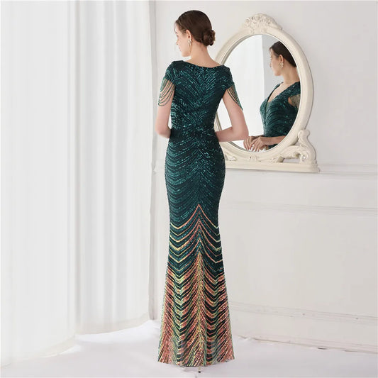 DEERVEADO Elegant V Neck Mermaid Evening Dress Long Luxury Beads Women Evening Party Dresses 2025 New Formal Dress 19085