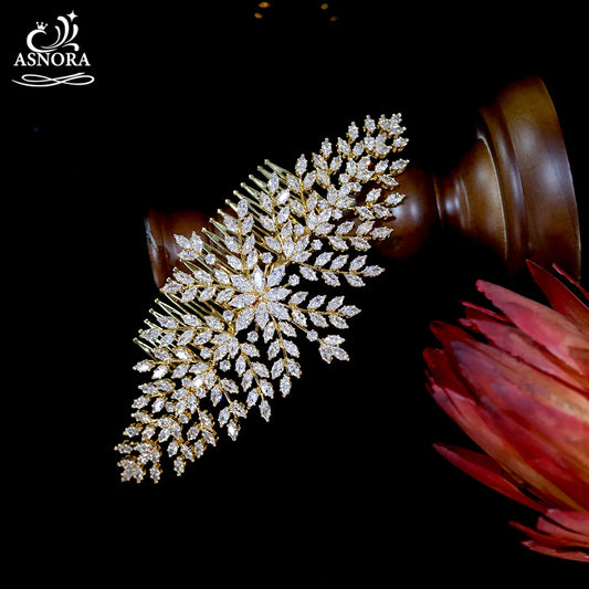 ASNORA High Quality AAA CZ Wedding Hair Accessories Bridal Hair Comb Golden Leaf Tiaras, Female Prom Banquet Hair Accessories