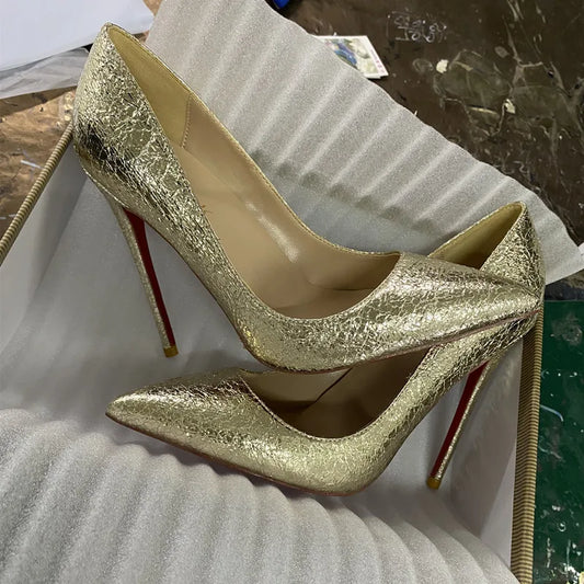 12cm Gold cracked high heels Narrow heel shoes, ankle buckle, fashion shoes, champagne, gold, quartz leather, sexy, banquet shoe