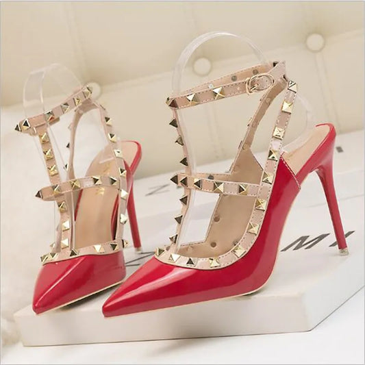 2025 High Heels Rivets Shoes Fashion Buckle Studded Stiletto Sandals Summer Shoes Women Pumps Sexy Point Toe Ladies Dress Shoes