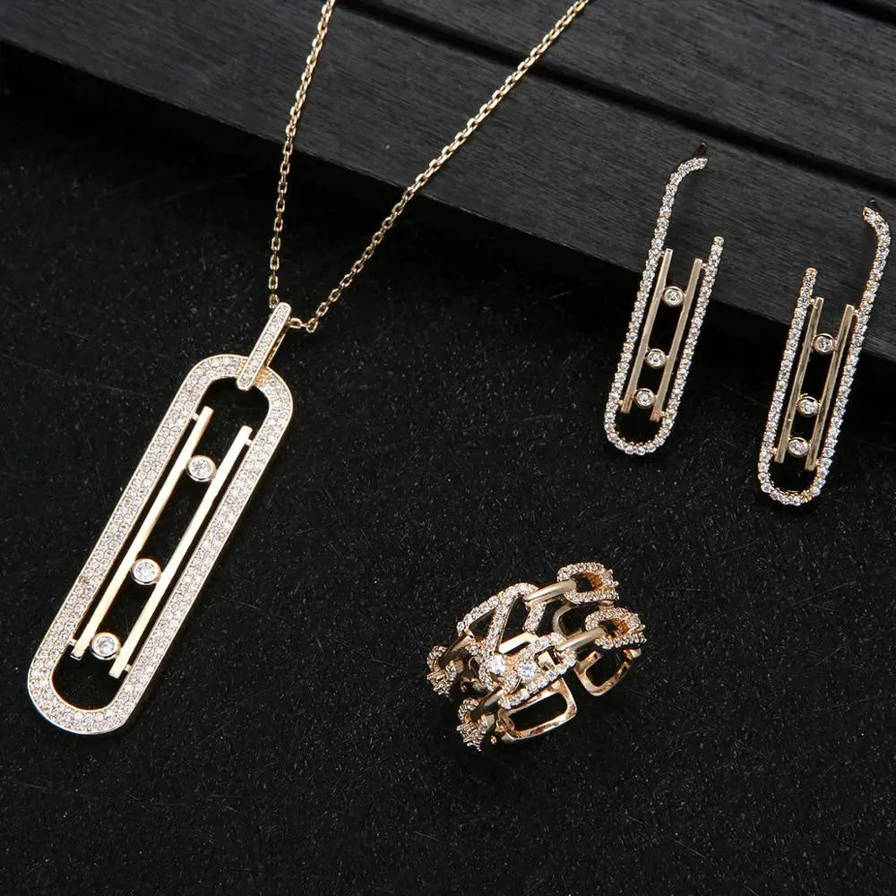 Luxury Geometry Link Stackable Pendant Necklace Earring ring set Beautiful Full Cubic Zircon Charm Women  Jewelry Gift e9361