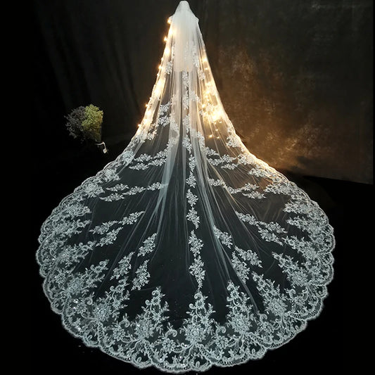 5m 4m 3m Long Wedding Bridal Veils Lace Appiques Edge 1 T Tulle Cathedral Veil with Comb Ivory Luxury Velo de Novia Voile mariee