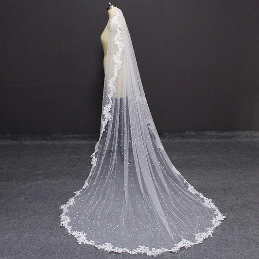 Customized High Quality Pearls Wedding Veil with Lace Appliques Edge 2.5 Meters Long Bridal Veil with Comb 250CM Veil for Bride