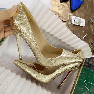 12cm Gold cracked high heels Narrow heel shoes, ankle buckle, fashion shoes, champagne, gold, quartz leather, sexy, banquet shoe