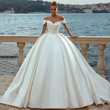 Eightree Sexy White Wedding Dresses 2022 Off Shoulder Sweep Train Bride Dress Lace Up Back Satin Wedding Evening Gowns Plus Size