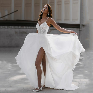 Chic Beach Wedding Dresses Customized Spaghetti Straps V Neck Sequin Lace Chiffon A Line  Gowns High Slit Bridal Dress