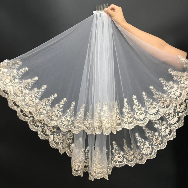 Women Bridal Veil Gold 2 Layers Short Tulle With Comb Wedding Accessories Real Sample