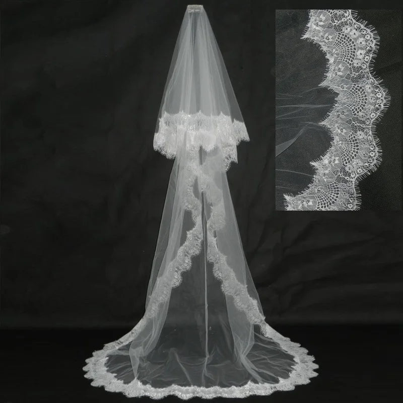 2 Layers Lace Edge Wedding Veil With Comb Soft Tulle Bridal Accessories
