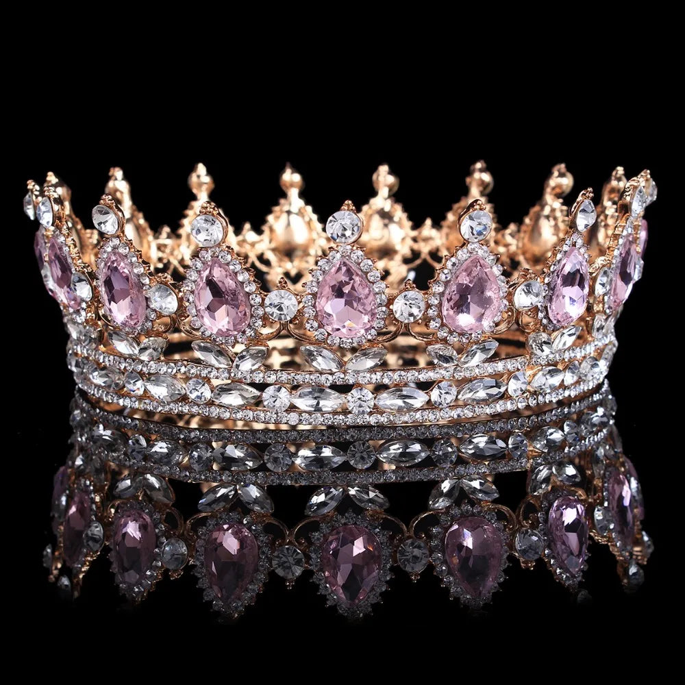 Luxury Retro Gold Color Pink Crystal Round Bridal Crown Classic Baroque Rhinestone Diadem Tiaras Women Wedding Hair Accessories