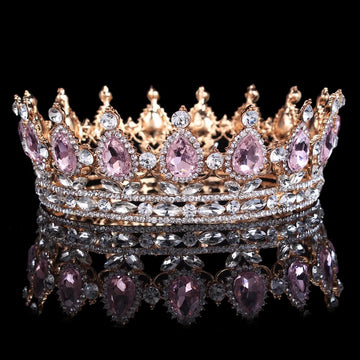 Luxury Retro Gold Color Pink Crystal Round Bridal Crown Classic Baroque Rhinestone Diadem Tiaras Women Wedding Hair Accessories