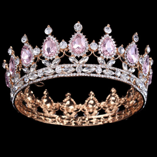 Luxury Retro Gold Color Pink Crystal Round Bridal Crown Classic Baroque Rhinestone Diadem Tiaras Women Wedding Hair Accessories