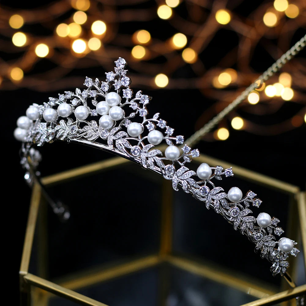 Royal Princess  Wedding Tiaras Crowns Freshwater Pearls Brides Hairbands Zircon Crystal Wedding Hair Accessories Gifts