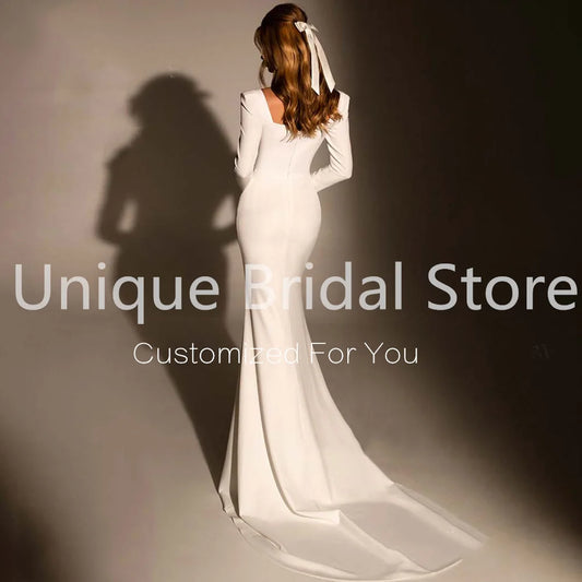 Customized  Simple Wedding Dress Boat Neck White Mermaid Long Sleeves Zipper Sweep Train Bride Gowns Vestido De Noiva