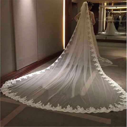 White Ivory 4 Meters Long Full Edge Lace Wedding Veil One Layer Tulle Bridal Veil with Comb Wedding Accessories Veu De Noiva 4.9