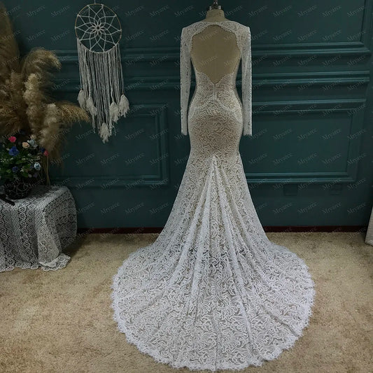 Mryarce 2022 New Stretch Lace Long Sleeves Mermaid Wedding Dress Flexible Boho Bridal Gowns