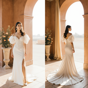 Ivory Off-Shoulder Wedding Dress – Puffy Sleeves, Beaded Lace Bodice & Front Slit | Maison Bridal