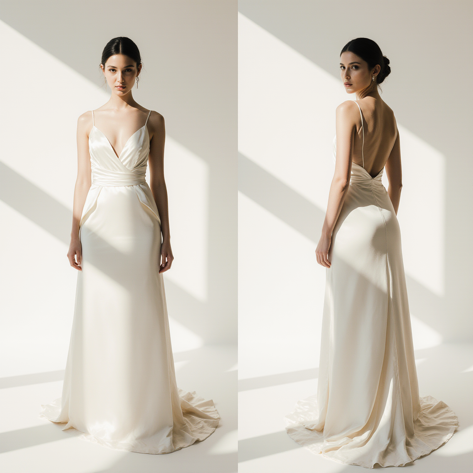 Ivory Satin A-Line Wedding Dress with Deep V Neckline & Open Back – Minimalist Silky Bridal Gown for Modern Brides | Maison Bridal