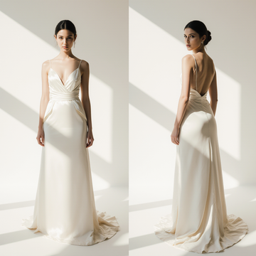 Ivory Satin A-Line Wedding Dress with Deep V Neckline & Open Back – Minimalist Silky Bridal Gown for Modern Brides | Maison Bridal