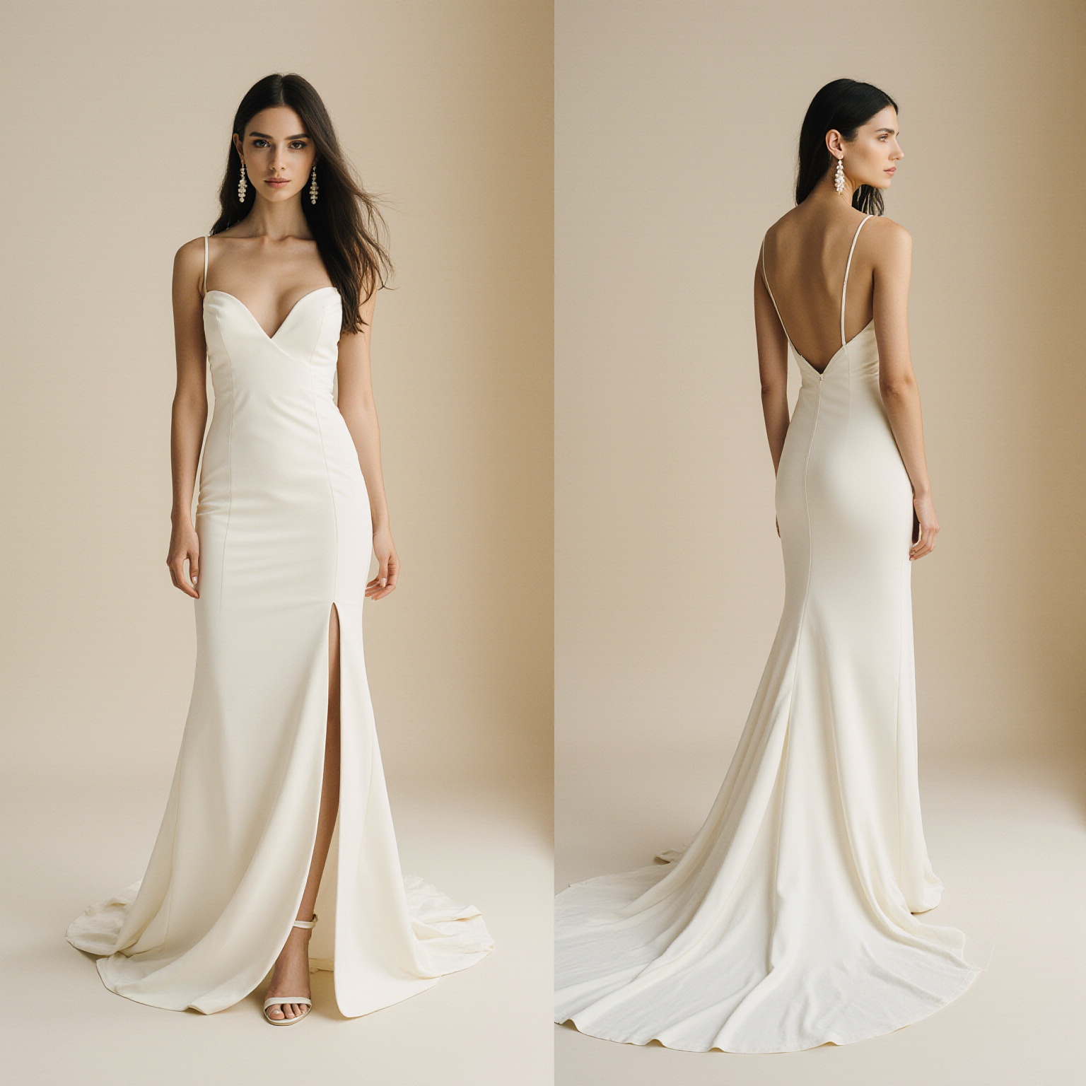 Ivory Satin Wedding Dress with Thin Straps – Sweetheart Neckline, Front Slit & Backless Mermaid Silhouette with Chapel Train | Maison Bridal