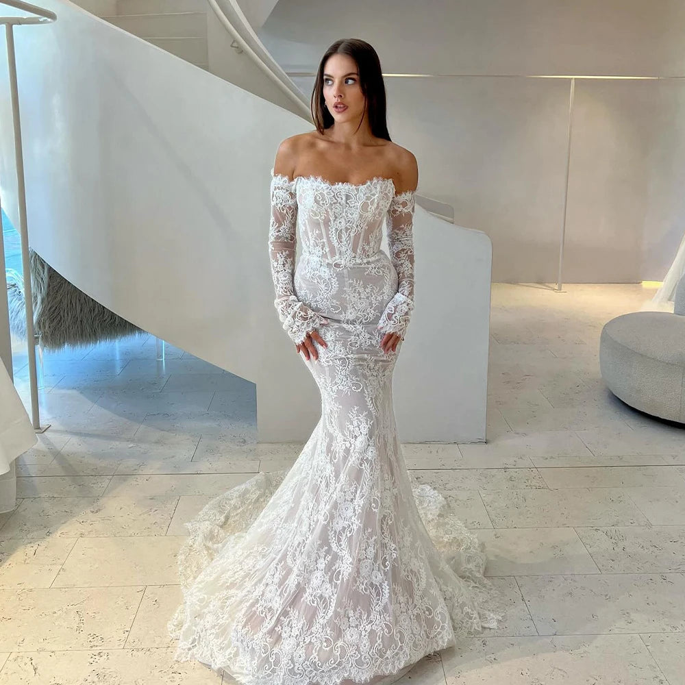 Lace Off-Shoulder Mermaid Wedding Dress – Elegant Long Sleeve Bridal Gown with Corset & Chapel Train | Maison Bridal