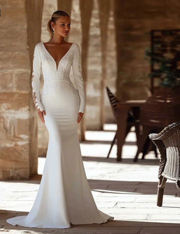 Long Sleeve Deep V-Neck Satin Wedding Dress – Elegant Fitted Mermaid Bridal Gown | Maison Bridal