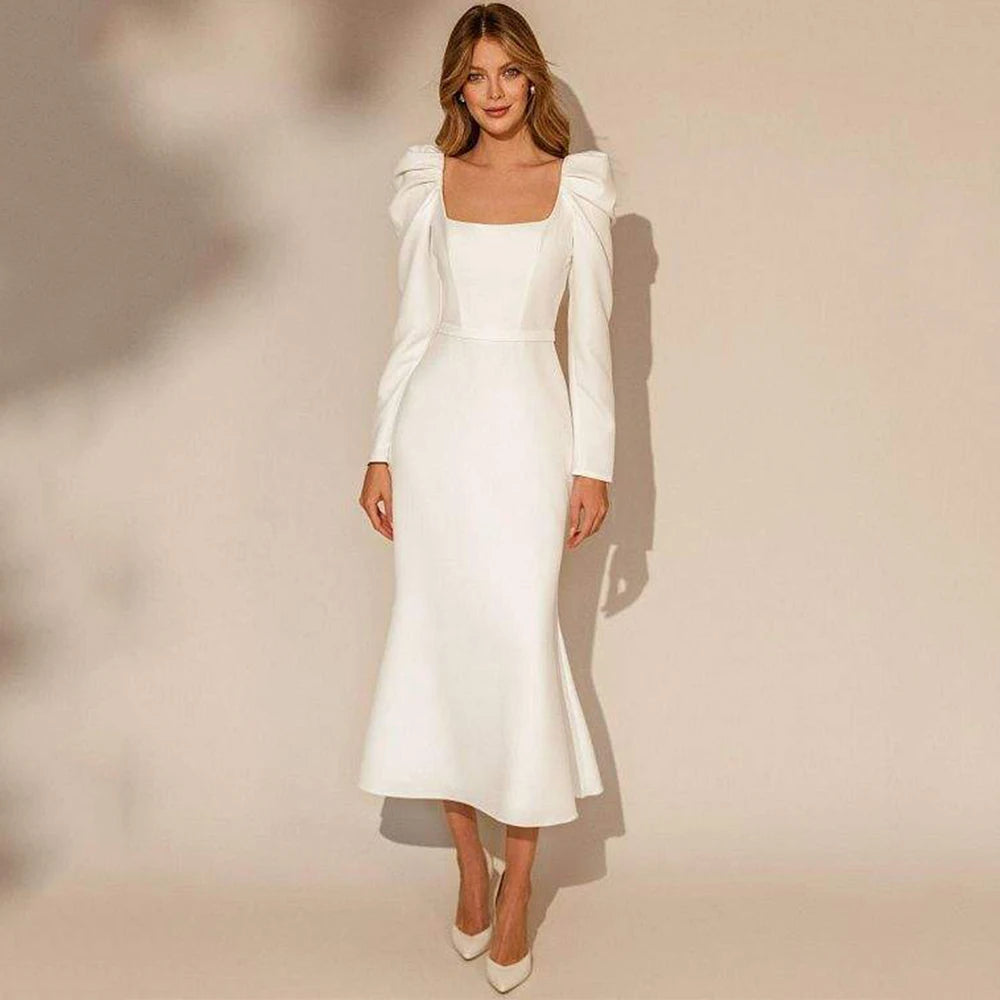 Long Sleeve Satin Midi Wedding Dress with Square Neckline – Elegant Minimalist Bridal Gown | Maison Bridal