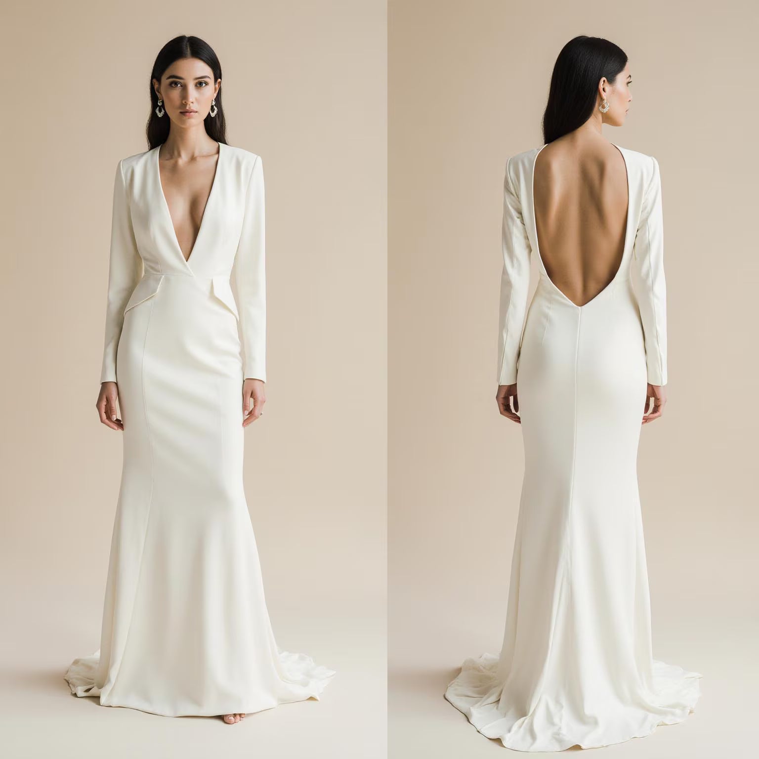 Long Sleeve Satin Wedding Dress – Elegant High Slit Bridal Gown with Draped Bodice & Train | Maison Bridal