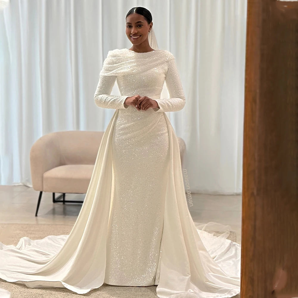 Shiny Beaded Sequined Long Sleeves Sheath Wedding Dresses With Detachable Tail Custom Made 2026 Vestido De Noival