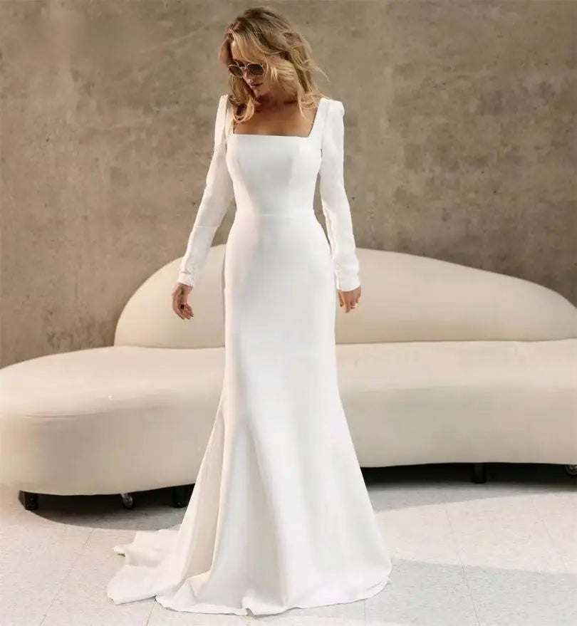 Long Sleeve Square Neck Satin Wedding Dress – Minimalist Elegant Bridal Gown | Maison Bridal