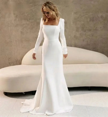 Long Sleeve Square Neck Satin Wedding Dress – Minimalist Elegant Bridal Gown | Maison Bridal